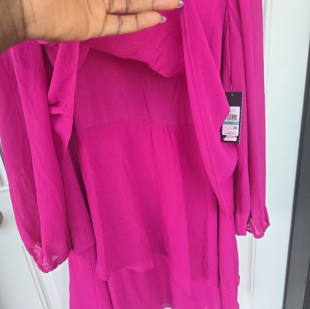 $109 Jessica Howard Shift Dress Sz 16 Plus Tiered Pink Chiffon Long Sleeves Date - Picture 9 of 16
